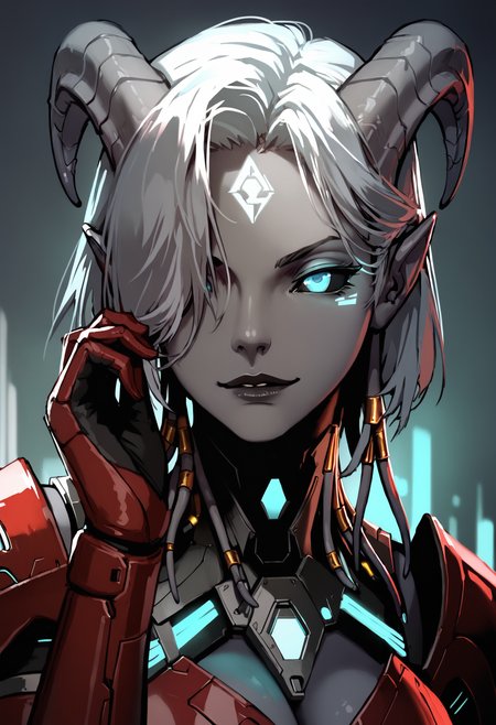 score_9, score_8_up, score_7_up, solo, dutch angle, sinozick style, close up,
draenei, horns, medium hair, hair over one eye, gray skin, dark lips, bright blue eyes, black sclera,
smirk,
futuristic, scifi, red armor, gloves, technology, glowing, neon, holographic display,
<lora:GTHAN:0.4>, <lora:Expressive_H:0.3>, <lora:as109Style:0.8>, <lora:LLDN:0.6>,