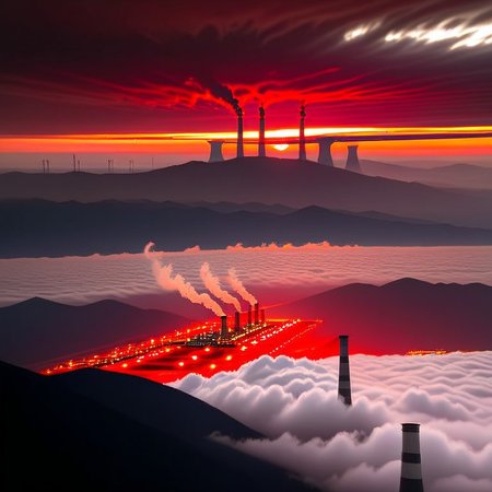 a dense layer of gray clouds illuminated in red from above, a small golden sun, light gray mountains in the distance on the horizon among which power plants can be seen, closer gray mountains on the horizon among which power plants can be seen, black mountains on the horizon among which power plants can be seen,