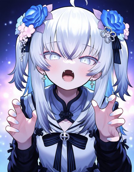 azuma seren,1girl,solo,looking at viewer,(fangs:0.8),detached sleeves,open mouth,pupils,<lora:seren-000011>,(four fingers:0.8),, masterpiece, best quality, very aesthetic, absurdres,newest, incredibly absurdres,