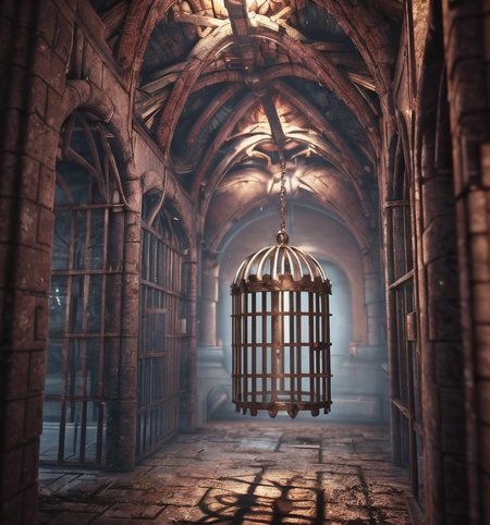 RAW photo, (masterpiece:1.3), subsurface scattering, heavy shadow, (high quality:1.4), (intricate, high detail:1.2), professional photography, HDR, High Dynamic Range, realistic, ultra realistic, photorealistic, high resolution, film photography, ambient lighting, atmospheric effects, <lora:detail_slider_v4:2>, OverallDetail, a nude female prisoner, (inside a cage that is hanging from the ceiling), FanPri, <lora:FantasyPrison-10:1>, epiCPhoto, <lora:zoom_slider_v1:2>