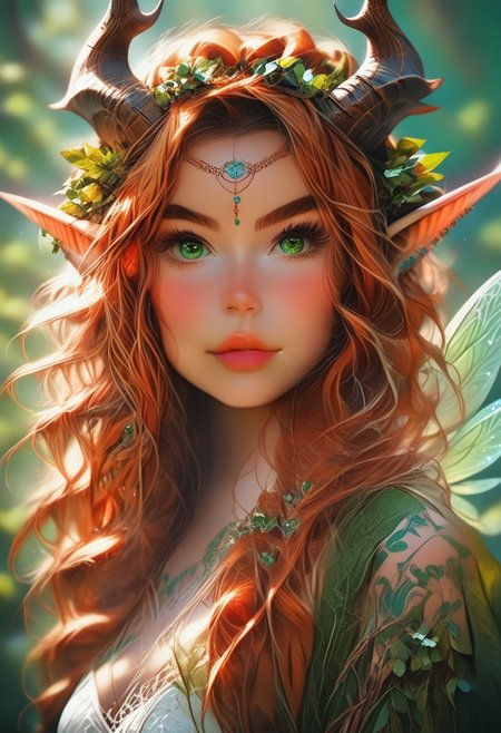 A detailed prompt for this image of a humanoid feminine fairy with a pale mauve skin, intricate pearlescent horns, and multiple eyes, set against a vibrant green background. The fairie face is expressive, with a hint of curiosity and intelligence in its gaze. Its body is covered in intricate patterns and markings, suggesting a complex and ancient culture. The background is filled with flowers andushrooms, creating a sense of mystery and wonder.
The flowers in her hair are a perfect, and they add a touch of femininity to her otherwise magical appearance. The forest is a perfect setting for this image, and it adds to the overall sense of mystery and intrigue.
The fairies wings are sleek and shiny. pureerosface_v1, hourglass body shape, realistic, redhead, ginger hair, freckles, green eyes, full lips, long hair,, NightElf, in armor, diadem, horns