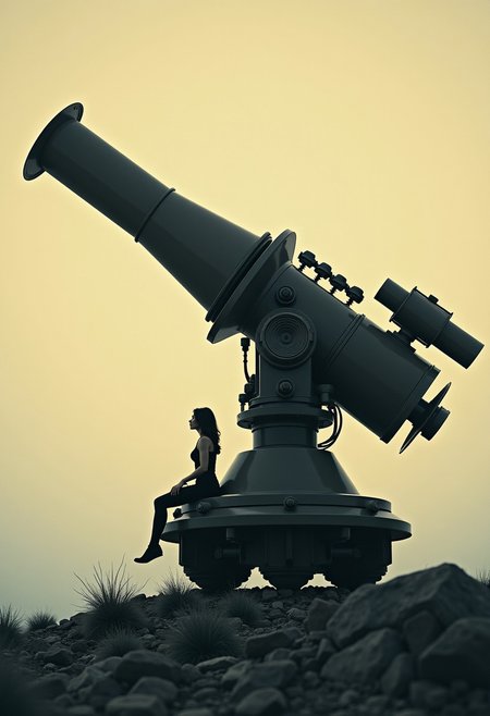 aidmaimageupgrader, a high quality digital image of a woman seated atop a large, stylized, and mechanical device. The person is positioned on the left side of the image looking up at the sky through the machine from the ground, in profile view, facing slightly to the right, seemingly operating the vehicle's controls.  The device resembles a large, complex telescope from science fiction.  It's a dark silhouette against a pale, light beige and gray backdrop that suggests a desolate or otherworldly landscape. The lighting is dramatic, with strong shadows emphasizing the contours of the machine and the figure.  The overall style is vintage, reminiscent of a film poster or concept art from the 1970s or 1980s science fiction era.  The figure is a simple silhouette, with no discernible facial features. The machine is detailed with complex geometric shapes and multiple tubes or nozzles.  The perspective is slightly angled, looking down on the machine and figure.  The atmosphere is both mysterious and technologically advanced.