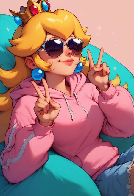 score_9, score_8_up, score_7_up, score_6_up, BREAK princess peach,hoodie,crown,sunglasses,smile,double v  <lora:mfcgXL:0.8>