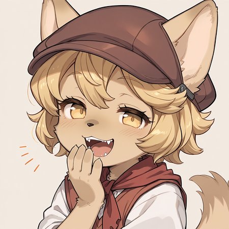 masterpiece, best quality, (absurdres), (highest quality), amazing quality, very aesthetic, no humans,
BREAK, <lora:Mei_Marzipan_Illustrious_V1:1>, mei marzipan, fuga: melodies of steel, kemono, furry female, 1girl, child, beige fur, blonde hair, yellow eyes, dog girl, animal ears, dog tail, dog ears,
BREAK, fuga 2 outfit, dress, red scarf, vest, hat,
BREAK, (solo), face focus, close-up, narrowed eyes, laugh, hand over mouth, amused, playful, open mouth, fangs, side view, looking at viewer,