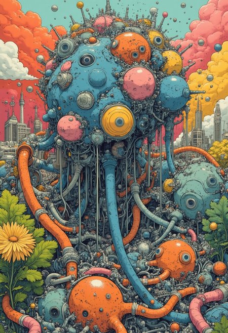 A hi-res, highly detailed, photographic, balanced composition. Realism surreal Mexican Muralists nature cosmogony. plaster, leather, cables.
