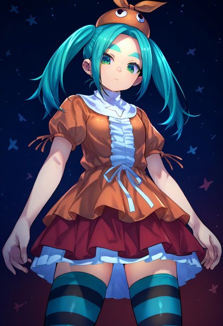 (zPDXL3), 
(zPDXLxxx), 
1girl, 
solo,
ononoki yotsugi, highres, twintails, aqua hair, green eyes, thick eyebrows, orange headwear, orange dress, striped thighhighs, expressionless, 
medium shot, 
from below,