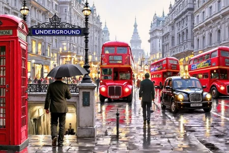 richardmacneil1 painting. A rainy city street in London. A red telephone booth is in the foreground on the left. A man with an umbrella walks toward a subway entrance, with a sign above that says "UNDERGROUND subway." The wet street reflects lights from vehicles and buildings. Classic red double-decker buses, a black taxi, and ornate buildings are in the background <lora:richardmacneil1_cap_d8a4e11:1.0><lora:853226850619541910:0>