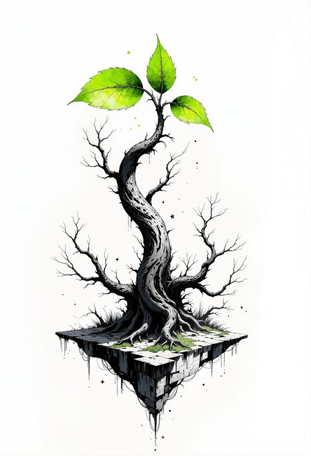 Create a mesmerizing black-and-white but green artwork in a hand-drawn style that emphasizes intricate linework and delicate textures. The scene depicts an otherworldly tree standing alone atop a small cube-like floating island, its twisted branches reaching skyward as though searching for something beyond comprehension. The island drifts in a vast, weightless void, surrounded by faint wisps of mist and scattered stars. The artwork is minimalist yet deeply evocative, with fine crosshatching and subtle gradients adding depth and dimension to the tree's gnarled bark and the soft, uneven terrain of the island. Every detail is rendered with precision, creating a sense of surreal timelessness. Breaking the monochrome palette, a single vivid green leaf grows from the highest branch of the tree, a symbol of life and renewal that contrasts powerfully against the stark black-and-white surroundings, drawing the viewerâs gaze to this poignant focal point. black background with few stars. <lora:FluxDFaeTasticDetails.safetensors:0.2>,  <lora:Fluxartis 28.11A.safetensors:1.0>,  <lora:VividlySurrealV2.safetensors:0.6>,  <lora:VividMidjourneymimic-Flux_v1.0.safetensors:0.1>,