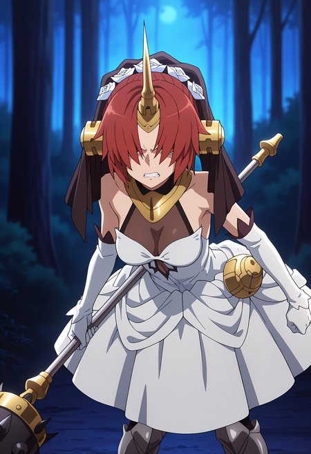 anime screencap, masterpiece, best quality,
<lora:FateApocrypha_Frankenstein_IlluXL:0.9>,
1girl, solo, angry, leaning forward, clenched teeth,
short hair, hair over eyes, covered eyes, red hair, headgear, single horn,
brown veil, hair rose, white rose, sleveless dress, long dress, white dress, see-through cleavage, medium breasts, elbow gloves, white gloves,
greaves, grey footwear,
holding mace, bridal chest \(fate\), 
arms at sides, standing, looking at viewer, cowboy shot,
outdoors, forest, night, dark, blurry background