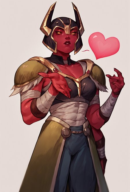 score_9, score_8_up, score_7_up,,  good quality ,, character focus, solo, , best quality ,   <lora:looma-09:0.85>  looma, solo, red skin, armor, 1girl, bandages, shoulder armor, helmet, horns, <lora:frieren_blowing_a_kiss_pony:1> blowing kiss, heart