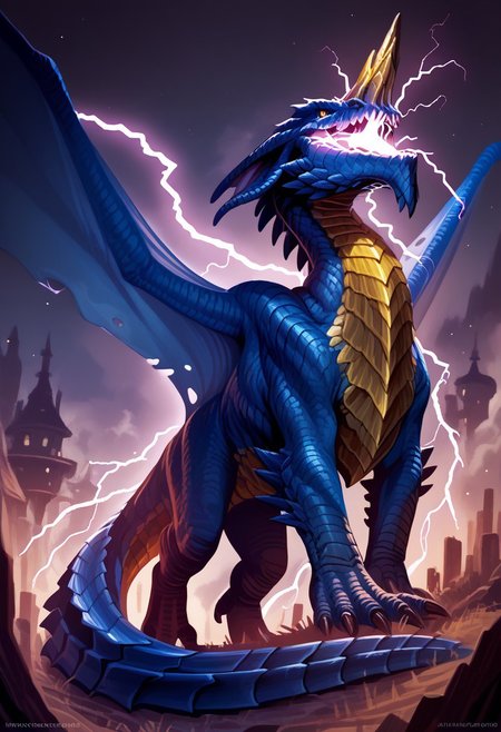 (score_9, score_8_up, score_7_up, score_6_up),(EasyNegativeV2:1.3), 
PonyXLV6_Scores, detailed,source_furry, rating_safe, 
, male feral bluedrg, dragon, yellow underbelly, sharp teeth, yellow eyes, big horn on head, (blue scales with tiny gold spots:1.5), (dragon tail), wings, detailed background, fantasy, full body, quadruped, spread wings, no hair, bulky body, lighting breath, open mouth, electricity, long lighting stream from mouth, fantasy, detailed scales