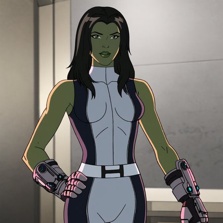 <lora:SheHulkAgentsofSmash_pony_v2:.8>  SheHulkSMASHMetalHands, black hair, makeup, lipstick, belt, medium breasts, 1girl, long hair, bodysuit, gauntlets, sleeveless, green lips, cowboy shot
