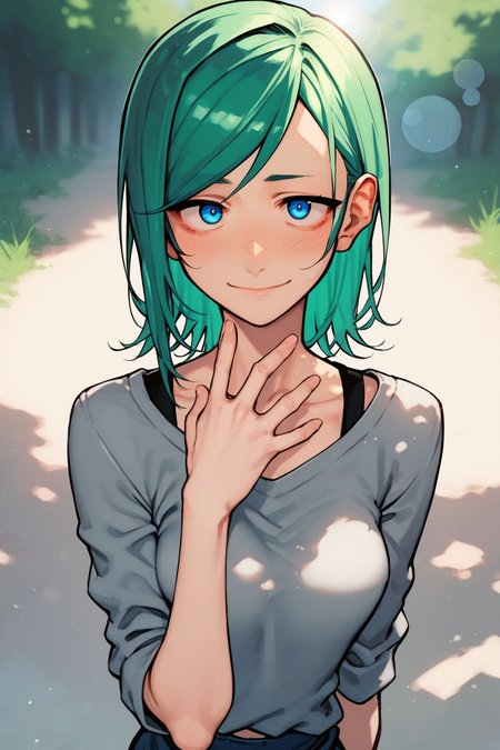 score_9, score_8_up, score_7_up, 1girl, embarrassed nose blush smile, looking at viewer, hand_on_own_chest, green hair, side-swept_bangs, long bangs, light blue eyes, medium breasts, grey clothes, outdoors, pov, lens flare  <lora:kotoyama_PonyXL_style_v01:1>