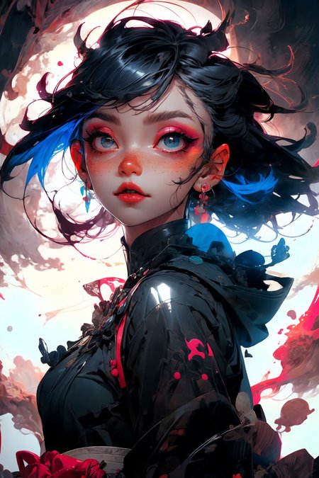 close-up shot, woman, gothic make-up, detailed skin, light freckles, shallow depth of field, OverallDetail
<lora:more_details:0.4>
 <lora:Cosmic anime-oil fusion v2:0.45> 
<lora:AnimeVibesV3:0.3> animevibes, 
<lora:3DMM_V11:0.5> 3DMM 
<lora:midjourney_20230624181825:0.7> midjourney ,
 <lora:LAS:0.5> cloud,colorful,
<lora:msw_locon-t2:0.6>
 <lora:wuxia2:0.6> gu,
 <lora:CyberpunkStyleV1:0.2> PunkAI ,
<lora:CatgirlMaidV1.0-000003:0.35> CatgirlMaid, shiny, shiny hair, shiny skin, shiny clothes