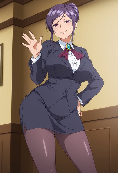1girl,solo,mm,mature female,purple hair,purple eyes,large breasts,hair bun,single hair bun,anime coloring,
formal,jacket,blazer,pencil skirt,pantyhose,brooch,contrapposto, waving,hand on own hip, looking at viewer, smile,indoors
,masterpiece,best quality,amazing quality,<lora:Tomoe-moonflower:0.8>
