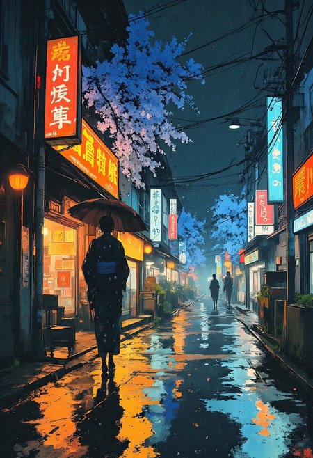 photorealistic image of a woman full body close to camera view walking with an umbrella on a rainy Japanese street when rain drops falling on it and the street road covered with blue sakura trees, adorned in a traditional kimono with white hair, illuminated by vibrant neon lights of shops next to the street road