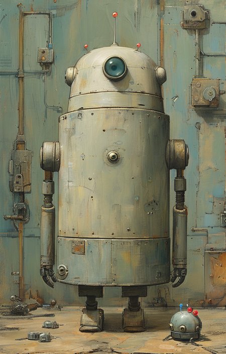 masterpiece,best quality,<lora:tbh161-sdxl:0.9>,illustration,style of Shaun Tan, portrait of Housework robots