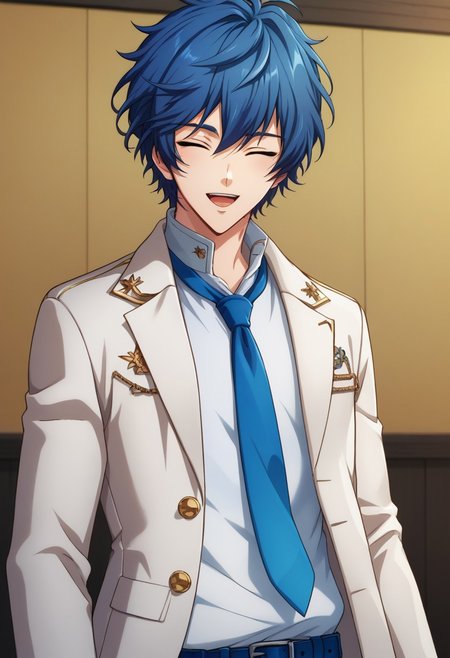 score_9, score_8_up, score_7_up, source_anime, highly detailed, 
nanahoshi, 1boy, male focus, blue hair, closed  eyes, solo, necktie, blue necktie, open mouth, jacket,
white jacket, high collar, smile, belt, looking at viewer, idol, upper body,
indoor, stage,