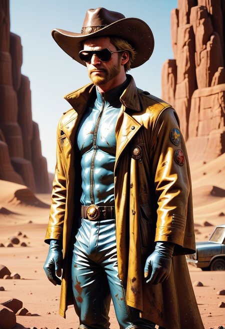 score_9, score_8_up, score_7_up, detailed, 1boy, human, cowboy, sci-fi, futuristic, alien planet, desert planet, desert, long leather coat, shiny coat, shiny trousers, shiny pants, shiny shirt, shiny hat, cowboy hat, beard, knva, moody, cowboy shot, bokeh, shiny, retro artstyle, dirty, gritty, dusty, shiny, metallic clothing, blonde, goggles,( steampunk:0.5),( dieselpunk:0.5), dune, artwork, shiny clothes, reflective clothes, metallic clothes, long coat, long jacket, man, male, shiny clothing, metallic clothing, reflective clothing, long coat, long jacket, floor-length coat, floor-length jacket,( gold clothing:0.6),( golden clothing:0.6),( gold jacket:0.6),( golden jacket:0.6),( gold hat:0.6).