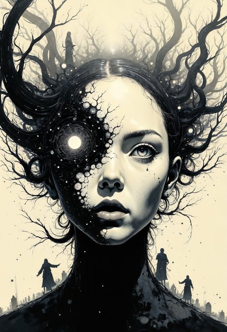 (in Otomo Katsuhiro style:1.2), masterpiece, high-quality, A woman with a porcelain mask for a face, one eye exposed and glowing with ancient energy, her long hair morphs into a swirling mix of ink and light forming faint figures that appear and disappear, shot from a low angle as if the viewer is looking up into her gaze, Style is Surreal portraiture with high-detail ink textures, minimalistic yet dramatic lighting, ethereal and haunting, (elaborate fine details:1.1), (hyperdetailed:1.1), (intricate details:1.0), (Refined details:1.1), (best quality:1.1), (high resolution:1.2), <lora:FLUX\artilands:0.6> <lora:FLUX\CPA:0.5>