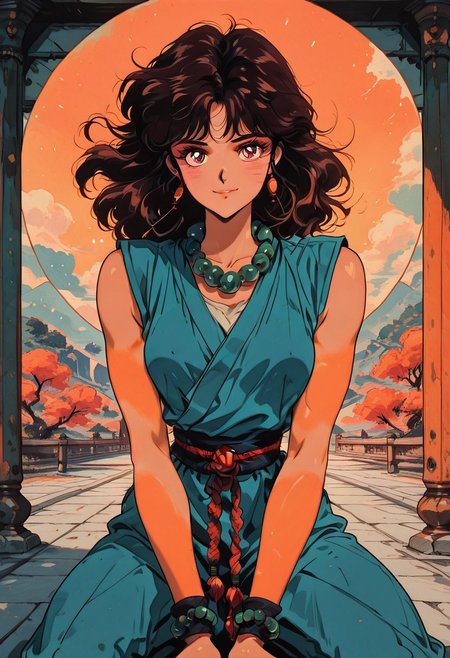 masterpiece, best quality, good quality, very aesthetic, absurdres, newest, pinkretroanime, retro art, in the style of cksc, JeddtlIL, dynamic angle, dynamic pose, 1girl, detailed eyes, solo, monk, athletic, spiritual warrior, sleeveless gi, happy smile, prayer beads, serene training grounds, warm color palette
