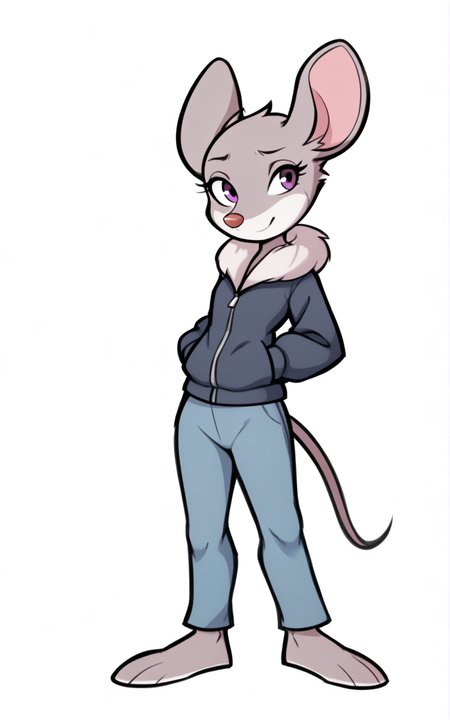best quality, absurdres,full body, <lora:BolivanteStyleITS:0.8>,  <lora:TSGSITS:0.8>, TSGSITS,  barefoot, animal feet, blue pants,dark blue jacket, jacket, fur trim, neck fur trim, pants, purple eyes, tail, mouse tail, mouse ears, body fur, grey fur, animal nose, furry female, animal ears, grey skin, white skin, multicolored skin, slim, standing, white background