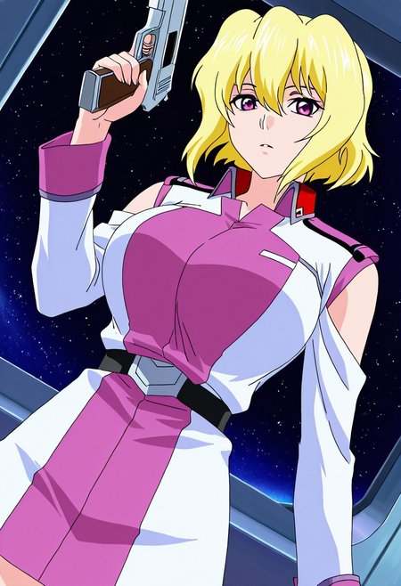 general,highres, ultra-detailed,very aesthetic,best quality ,best hands,best eyes,easynegative,
dynamic anglre, dutch angle, anime cloring,anime screencap,
1girl solo,looking at viewer,space ship,holding gun,
STELLAR Loussier,yellow hair,short hair,purple eyes,huge breasts,militaly uniform,
