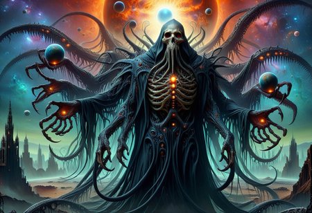 Uhd,oil painting,8k,macabre,horror. Lovecraftian monstrosity,towering over a planet. Glowing eyes, Grim Reaper style, Multiple arms. Tentacle lower body. Humanoid,<lora:Cosmic_HorrorTitan:1>,flux-style