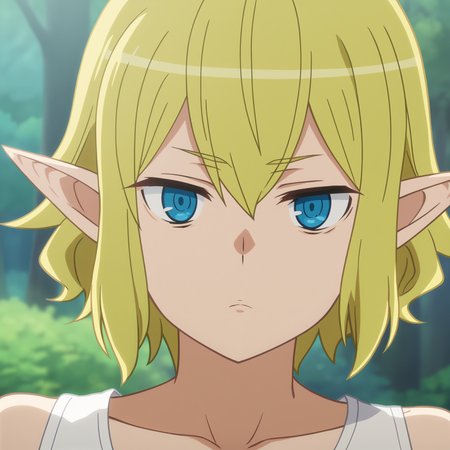 source_anime,score_8, score_9,
outdoors, forest,nature,
<lora:RyuuSDXL:0.9>,1girl,solo, short hair, blonde hair, blue eyes, pointy ears, hair between eyes,sleeveless shirt,looking at viewer,bored, portrait, collarbone, close-up, jitome, 
anime screencap, anime coloring,