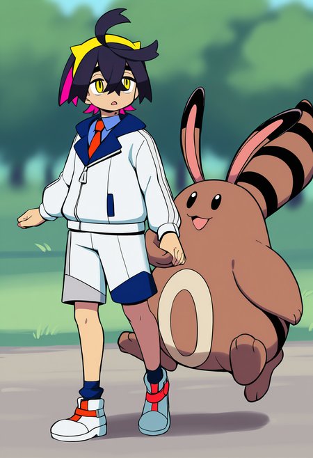 masterpiece, best quality,,detailed_background,outdoors,full body,mole on neck,long sleeves,nintendo,1boy,creatures \(company\),holding hands,jacket,short hair,white shorts,black hair,sentret,yellow eyes,pokemon sv,kieran \(pokemon\),karin \(100100\),white jacket,mole,hair between eyes,pokemon,male focus,sneakers,game freak,shoes,shorts,gen 2 pokemon,pokemon \(creature\)