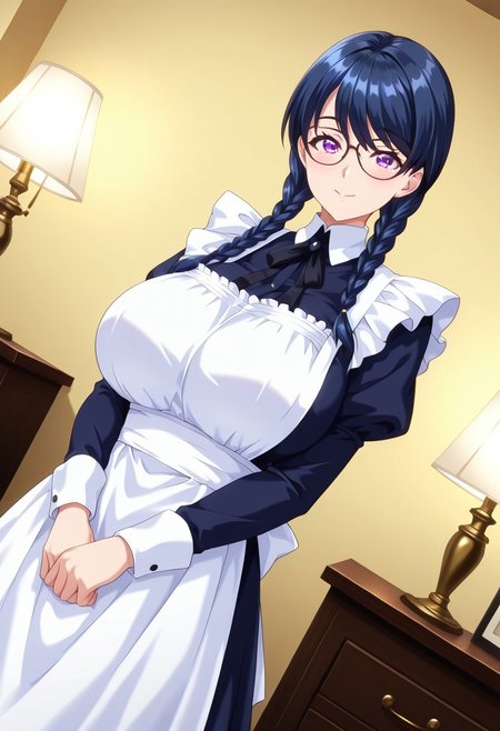 general,highres, ultra-detailed,very aesthetic,best quality ,best hands,best eyes,easynegative,
dynamic anglre, dutch angle, anime cloring,
1girl solo,looking at viewer,smile,indoors, bedroom, smile, only lamp light, standing, 
Ren Takahara,navy blue_hair, braids,purple eyes, huge_breasts, glasses,french maid costume,