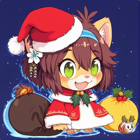 padoru <lora:padoru-IL-1.0:1>, masterpiece, perfect quality, best quality, anime coloring, 1girl, solo, padorumeme, padoru, simple dark blue background, Keiko, 1girl, solo, brown hair, furry female, green eyes, smile, animal ears, tail, animal nose, hairband, hair ornament, hair flower, body fur, short hair, bangs, lion ears,  <lora:Keiko_v03_PDXL:1>, christmas hat, score_9, score_8_up, score_7_up, score_6_up, score_5_up, score_4_up,