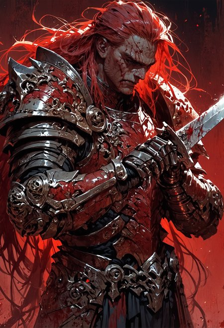 score_9, score_8_up, score_7_up, score_6_up, score_5_up, score_4_up,<lora:Fant5yP0ny:0.8>, 1boy, bloody, long hair, solo, holding 1 sword, gauntlets, armored, red theme,