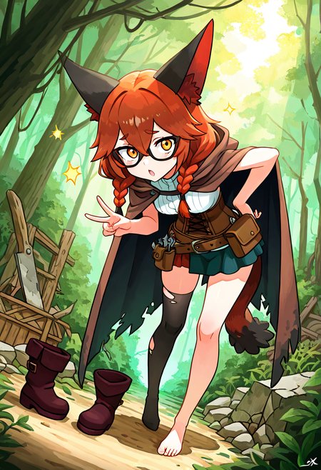 masterpiece, best quality, looking at viewer,      zzNickit, 1girl, solo,   twin braids, windswept fringe, tattered cloak, leather corset top, torn leggings, asymmetrical skirt, utility belt with pouches, overgrown forest ruins, mid-leap pose, alert expression, shafts of sunlight cutting through trees â Leaping from one mossy stone to another in a forgotten woodland shrine, she glances sharply to the side, twin braids snapping behind her. Her tattered cloak flares as she moves, revealing a weathered corset and belt stacked with tiny tools. Leaves crunch beneath her worn boots as she disappears into the ruins like a whisper in the underbrush.  ,<lora:NickitPokedex_IXL_v1:1.0>,  foreshortening, dynamic angle, close up, leaning forward,