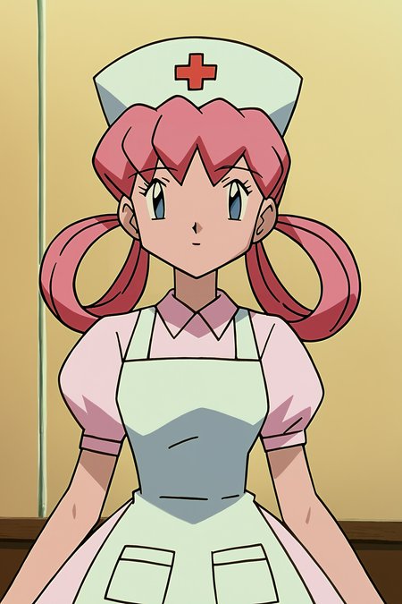 score_9,score_8_up, score_7_up, BREAK ict style,retro artstyle,joy \(pokemon\), 1girl, solo, pink hair, nurse, nurse cap, blue eyes,hair rings, pink dress,apron   <lora:PokeMoviesPony:1>