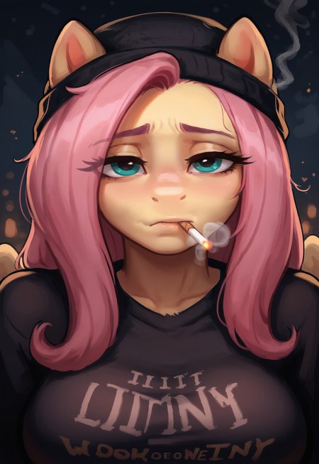 score_9, score_8_up, 4RCH0N, Fluttershy, pink_hair, 1girl, art, touching_art, cute_face, little_face, solo, dark_tones, face_focus, anthropomorphic_pony, anthro, sitting, meme, smoking, dark_circles_under_eyes, periorbital_dark_circles, doomer_wojack, close_up, tired_face, cigarette_in_mouth, cigarette, looking_at_side, hopelessness, despondency, wearing_hat, beanie