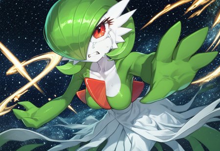 score_9, score_8_up, score_7_up, score_6_up, (lhata4564), 
digital artwork, highly detailed, sharp focus, 
1girl, Gardevoir, pokemon (creature), solo,
white skin, short hair, red eyes, white dress, red crest on chest, green sleeves, shiny,
crying, intense expression, snarling,
black hole, black hole in hand, holding black hole, combat stance,
looking at viewer,
(space) detailed background, space background, black hole in the background,