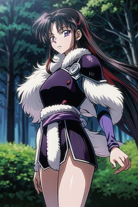 masterpiece,  best quality 1girl Setsun4 solo long hair,  (night time) forest background black hair very long hair purple eyes multicolored hair armor (fur trim) (medium body),<lora:EMS-179-EMS:0.800000>,<lora:EMS-293862-EMS:0.800000>
