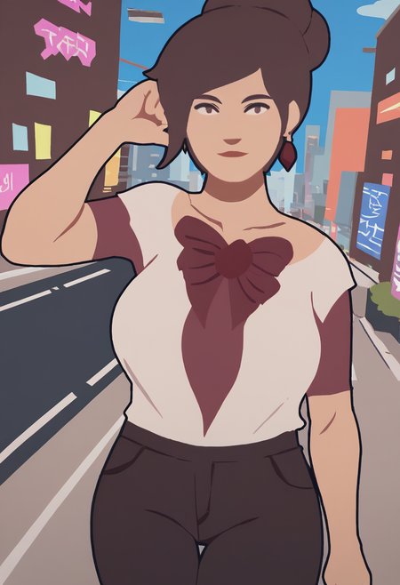 score_9, score_8_up, score_7_up, 1girl, mature_female, large_breasts, portrait, solo, looking_at_viewer, open_eyes, Jumping with one hand up, dutch_angle, (Magenta rose dotera), big hair, crew cut, Brown hair, city, cowboy_shot, rating_safe, <lora:pony\artist_styles\gee_seki_pony:1.0>