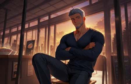 <lora:Lifeline_Style_V2_Illu_Edition-000015:1>, (llv2-illu), ((sitting with arms crossed and one leg stretched out, ramen shop, v-neck sweater, silver hair, evening, Over-the-shoulder shot))
looking at the viewer, cowboy shot, 
(very short hair, beard, bara, mature, facial hair, stubble, beard, full beard, sideburn, beard, a lot of beard, ), facial hair,male focus, muscular male, muscular male, bara, mature,  bara, mature, aixiwuganda_(20222192), very awa, masterpiece, best quality, absurdres, newest, perfect quality, detailed background, intricate details,
<lora:slider_Body Type_alpha1.0_rank4_noxattn_last:3><lora:Anime Summer Days 2 Style SDXL_LoRA_Pony Diffusion V6 XL:.6><lora:slider_cfg_scale_boost:.7><lora:Artist6p:.55>, Artist6p, Artist04p,<lora:slider_il_brightness_slider_d1:-1><lora:slider_il_contrast_slider_d1:-1><lora:slider_DarkSlider1.2_alpha1.0_rank16_full_300steps:-.6>