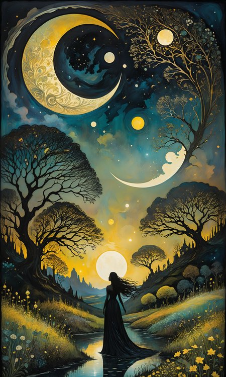 Surrealist oil painting featuring a silhouetted woman in a long black dress with flowing hair standing amidst delicate blooming trees under a large crescent moon, smaller orbs against a teal and yellow gradient sky, wildflowers and grasses detailed in the foreground, reflective water and distant treeline in the background, contrasting light and dark elements with intricate patterns and textures in the foliage, ethereal and mystical atmosphere, soft brushstrokes creating a dreamlike quality.