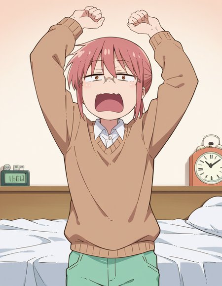 score_9, score_8_up, score_7_up, source_anime, <lora:dragon-kobayashi-s2-ponyxl-lora-nochekaiser:1>, kobayashi, ponytail, pink hair, glasses, short hair, brown eyes,, shirt, long sleeves, white shirt, collared shirt, pants, sweater, brown sweater, green pants,, bedroom, alarm clock, morning routine, yawning, stretching, on bed,, , looking at viewer, smug, hand on hips,, solo,, dutch angle,