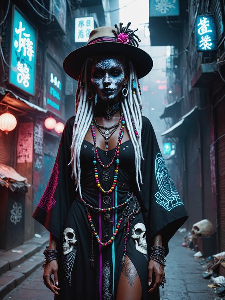 woman, cyberpunk, dark alley way, white face paint, skulls, kaftan, hat, dread locks, beads, magic dark skin, mad-vdprst , night, neon signs, garbage, haze, dynamic pose  <lora:Neon_Cyberpunk_Voodoo_Mage_SDXL:0.8>, (masterpiece:1.2), best quality