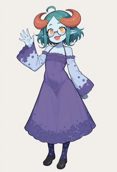 score_9, score_8_up, score_7_up, score_6_up, 1girl, solo, source_anime, blue skin, pointy ears, huge horns, drooling, hair flaps, straight hair, glasses, kneehighs, dark purple long dress, floral_pattern, miniskirt, hair clip, flat chest, tall, medium hair, french braid, yellow eyes, teal hair, navel, open mouth, waving