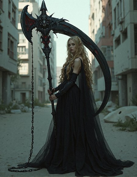 A hyper-realistic and darkly elegant portrait of a silent Valkyrie, standing against a desolate urban backdrop, her long black gown draping in cascading layers, the intricate fabric trailing like the whispers of a forgotten legend. Her delicate yet unyielding expression is framed by soft golden waves, eyes reflecting an unspoken resolve. She grips an otherworldly mechanical scythe nearly twice her size, its towering frame sculpted from jet-black alloy, laced with crimson spikes jutting from its spine, resembling a weapon forged from the bones of a mechanical beast. The intricate details of the scythe reveal a seamless fusion of advanced engineering and gothic craftsmanship, with delicate engravings running along its edges, tiny hydraulic systems hidden within its reinforced core, and an array of serrated, interlocking blades that give it an almost sentient presence. The contrast between the brutal, aggressive weapon and her ethereal poise creates a mesmerizing paradox—an angel of death clad in elegance, poised between beauty and destruction. The lighting is cold and moody, highlighting the metallic sheen of the weapon while soft shadows accentuate the folds of her gown. Every micro-detail, from the individual stitches in her fabric to the subtle scratches along the metal’s surface, is rendered with stunning precision, evoking a world where gothic refinement meets futuristic battle technology.
 <lora:FluxDFaeTasticDetails:0.3> <lora:MoriiMee_Gothic_Niji_Style_FLUX:0.45> <lora:realism_lora_comfy_flux_converted:0.7000000000000001>