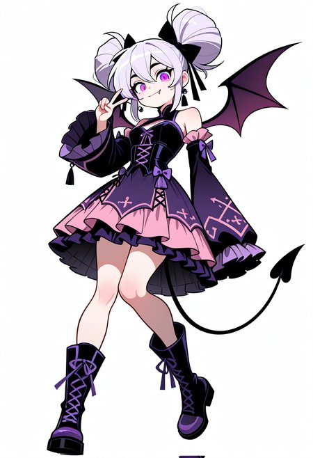masterpiece, best quality, 1girl, solo, eyelashes, (beautiful eyes),    C0utur3Cr4z3, solo, skirt, long sleeves, white background, dress, bow, standing, tail, full body, boots, frills, detached sleeves, wings, wide sleeves, black footwear, black dress, sleeves past wrists, black bow, standing on one leg, demon girl, frilled dress, bat wings, frilled skirt, frilled sleeves, tassel, pink dress, demon tail, corset, purple dress, sleeves past fingers, demon wings, Lfashion, purple bow, cross-laced clothes, purple footwear,  from below, smile, fang, (v),  <lora:Style60_IXL:1.0>,