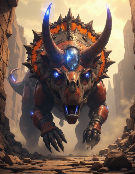 The baseprompt of this is borrowed from @alcaitiff  https://civitai.com/images/70623750
I changed from rhino to triceratops, corrected the glassshield and did put it into anothwr set of loras

High-angle Dutch tilt, 35mm fisheye lens with pronounced barrel distortion, deep depth of field. A dystopian, industrial setting with warm orange tones. A massive, mechanized triceratops, its body a fusion of steel and worn, rusted armor, emerges from a fog-shrouded, rocky outcropping, its four legs moving as it raises its glowing, electric-blue tipped horns in a menacing, arcing motion. On it's forehead a glass-shield shows a cockpit inside it's head, an a pilot controls the huge robotic Triceratops . The Triceratops eyes, two bright, fiery laser orbs, seem to burn with an inner light, casting an eerie glow across the cracked, wet stone beneath its feet