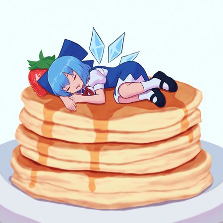 cirno, 1girl, solo, short hair, simple background, shirt, dress, bow, blue hair, white shirt, closed eyes, short sleeves, hair bow, lying, wings, food, shoes, socks, puffy sleeves, black footwear, puffy short sleeves, blue dress, blue bow, fruit, white socks, sleeping, plate, mary janes, ice, strawberry, ice wings, pancake, pancake stack, syrup
, masterpiece, best quality, good quality,
<lora:duhota_noob_vpred-1.0_edm2_v1:1>