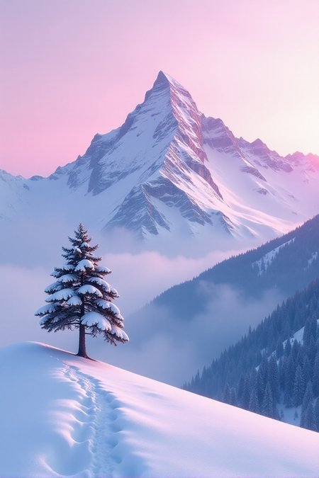 a snow covered mountain with a lone tree in the foreground, keisuke goto, gradient light purple, leading to a beautiful, sparse, carpathian mountains, awarded winning photo, beautiful avatar pictures, pink hues, gentle shadowing, in a desolate, images, <lora:Landscapes_II:0.8>âââ