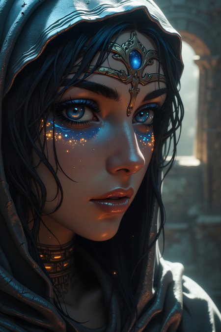 A close-up of an ancient oracleâs face, their features partially hidden beneath a shadowed, silver hood. Intricate tattoos snake across their weathered, sun-kissed skin, glowing faintly with runic symbols. The oracleâs half-closed eyes reflect swirling visions of celestial bodies and constellations in iridescent blues and golds, creating a sense of ancient wisdom and mysticism. Tiny glowing dust particles float in the air, accentuating the soft, ethereal light streaming through a cracked stone temple wall behind them. Their lips are slightly parted as if whispering secrets from an age long forgotten. detailed background Fantastic lighting. Detailed shadows.intricate details, vivid colors, hyper-detailed, ultra-sharp, , <lora:aesthetical-000003:0.15><lora:aidmaNSFWunlock-FLUX-PonyStyle-v0.1:0.15><lora:Flux-jijia:0.1><lora:GLSHS:0.6> Show less